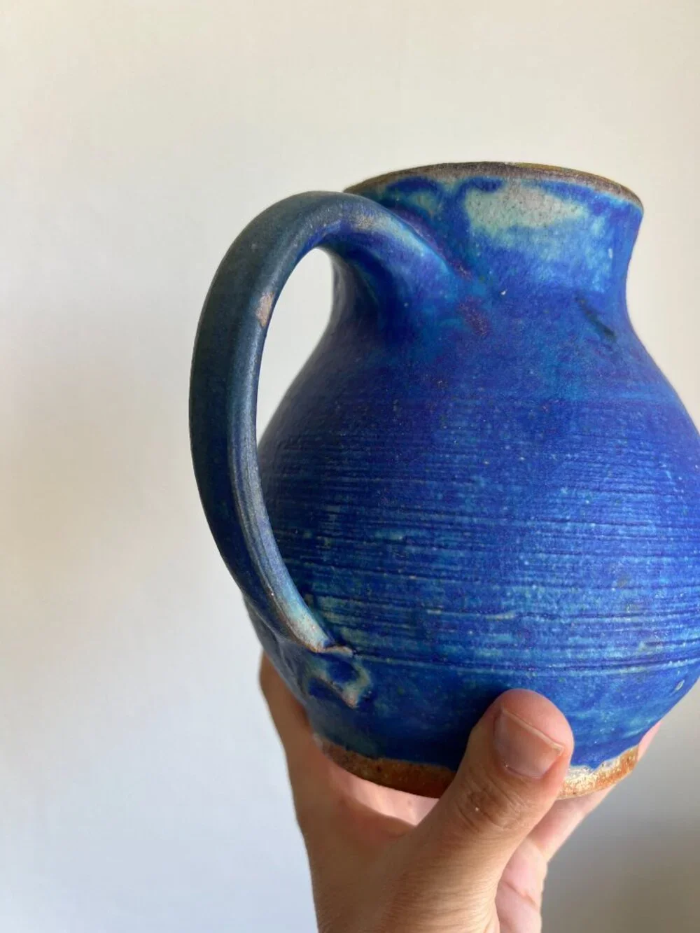 Vintage Studio Pottery Cerulean Blue Pitcher Vase Signed Hand Thrown Stoneware